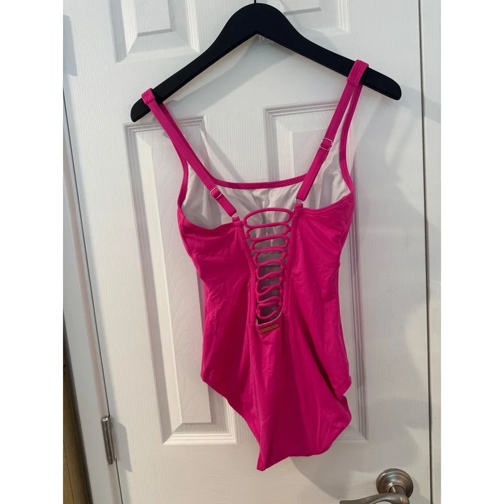 Michael Kors Hot Pink Lattice Back One Piece Swimsuit Size 6 Pink Gold Logo